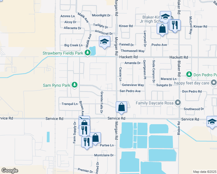 map of restaurants, bars, coffee shops, grocery stores, and more near 3725 San Juan Road in Ceres