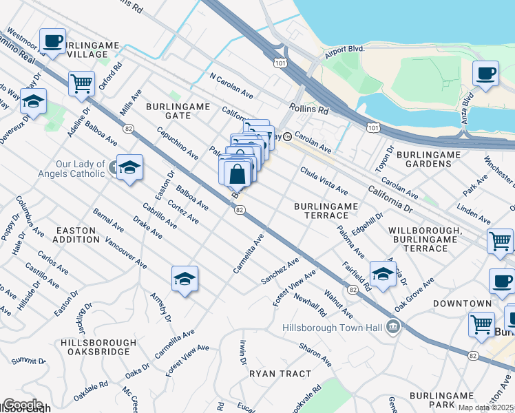 map of restaurants, bars, coffee shops, grocery stores, and more near 1127 Capuchino Avenue in Burlingame