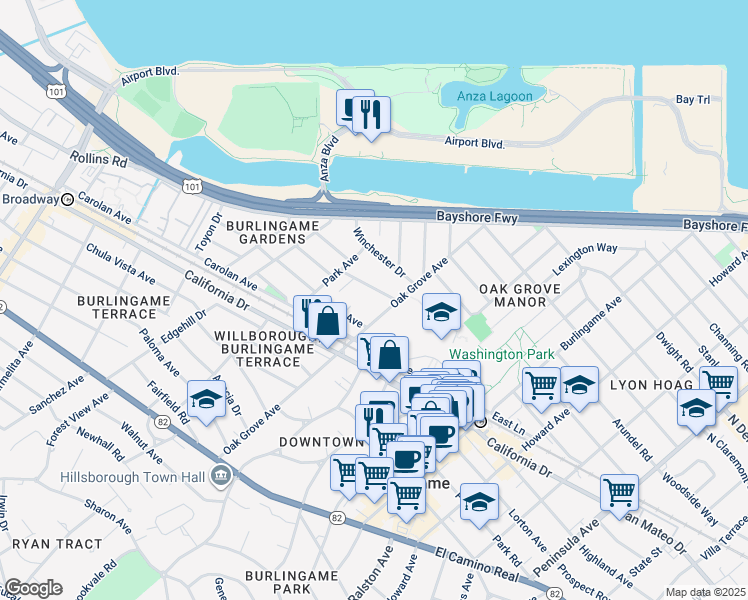 map of restaurants, bars, coffee shops, grocery stores, and more near 711 Laurel Avenue in Burlingame