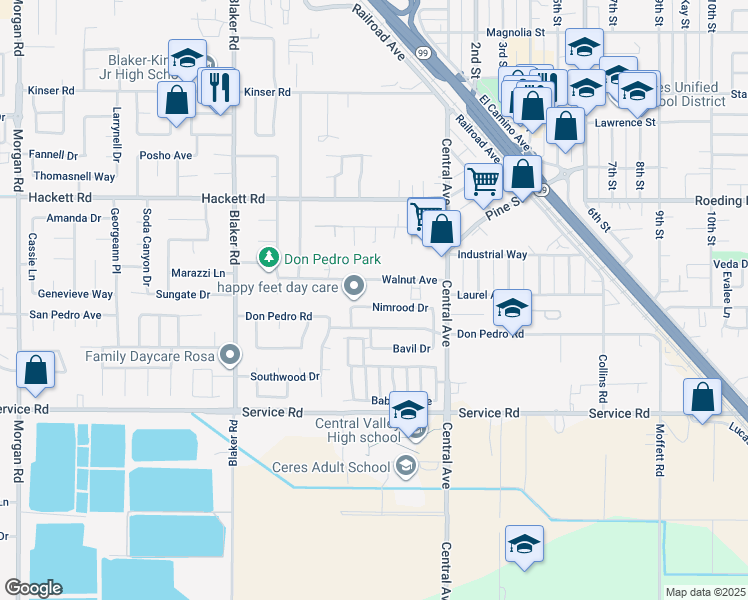 map of restaurants, bars, coffee shops, grocery stores, and more near 1929 Nimrood Drive in Ceres