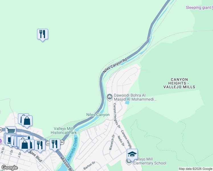 map of restaurants, bars, coffee shops, grocery stores, and more near Old Canyon Road in Fremont