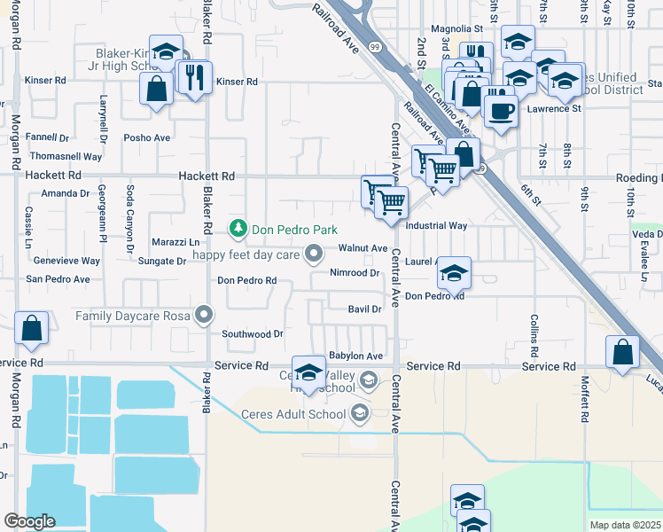 map of restaurants, bars, coffee shops, grocery stores, and more near 1929 Nimrood Drive in Ceres