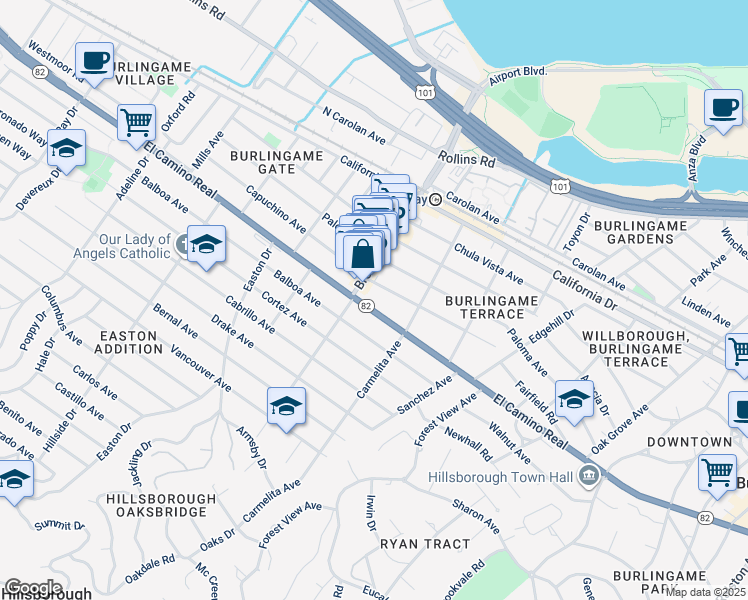 map of restaurants, bars, coffee shops, grocery stores, and more near 1140 California 82 in Burlingame