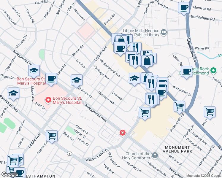 map of restaurants, bars, coffee shops, grocery stores, and more near 1603 Treboy Avenue in Richmond