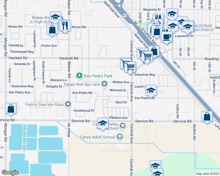 map of restaurants, bars, coffee shops, grocery stores, and more near 1929 Nimrood Drive in Ceres