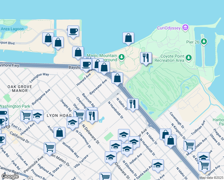 map of restaurants, bars, coffee shops, grocery stores, and more near 1111 Peninsula Avenue in San Mateo