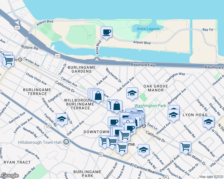 map of restaurants, bars, coffee shops, grocery stores, and more near 904 Oak Grove Avenue in Burlingame