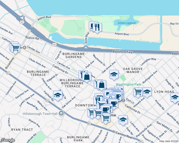 map of restaurants, bars, coffee shops, grocery stores, and more near 724 Linden Avenue in Burlingame