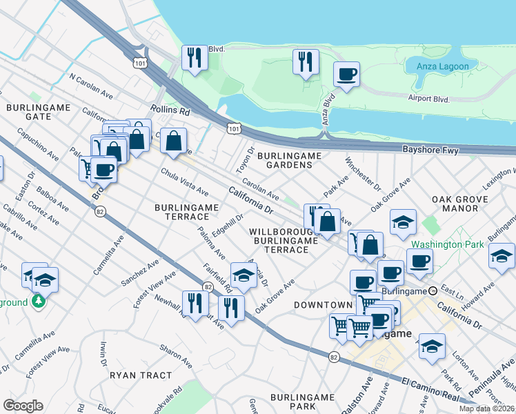 map of restaurants, bars, coffee shops, grocery stores, and more near 1100 Edgehill Drive in Burlingame