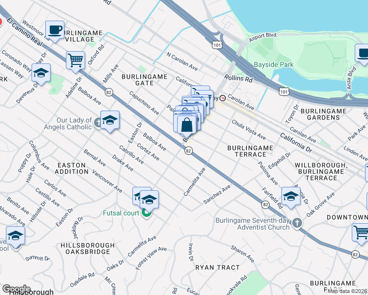map of restaurants, bars, coffee shops, grocery stores, and more near 1140 California 82 in Burlingame
