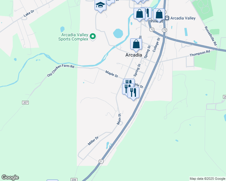map of restaurants, bars, coffee shops, grocery stores, and more near 225 Main Street in Arcadia