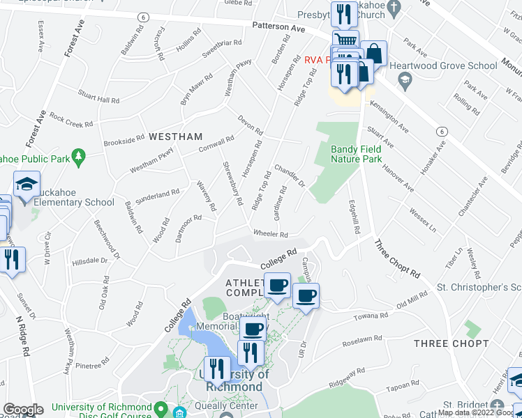map of restaurants, bars, coffee shops, grocery stores, and more near 505 Ridge Top Road in Richmond