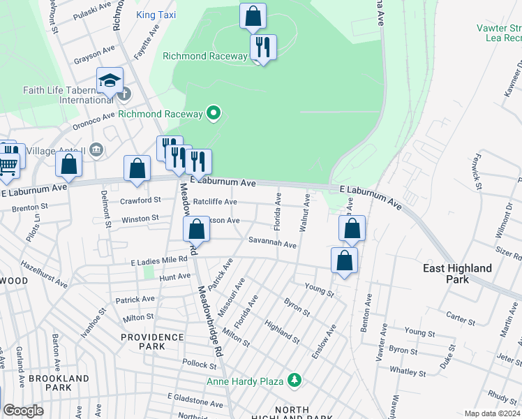 map of restaurants, bars, coffee shops, grocery stores, and more near 3907 Patrick Avenue in Richmond