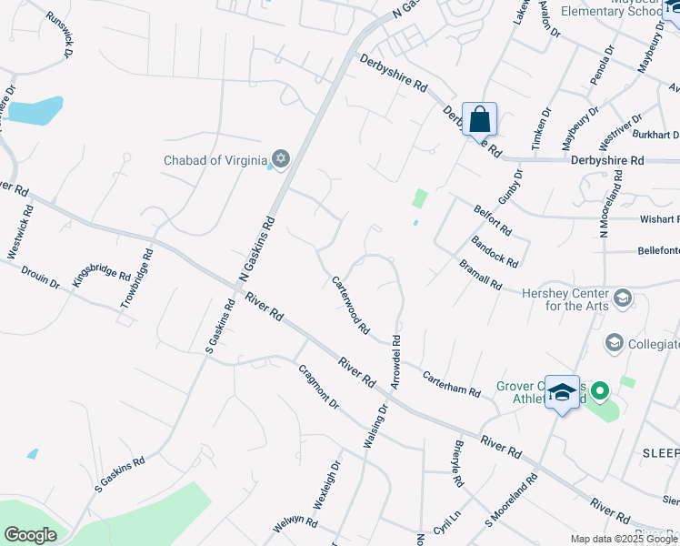 map of restaurants, bars, coffee shops, grocery stores, and more near 108 Carterwood Place in Richmond