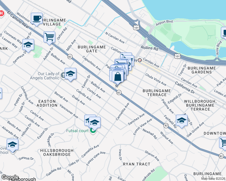 map of restaurants, bars, coffee shops, grocery stores, and more near 2 Burlingame Avenue in Burlingame