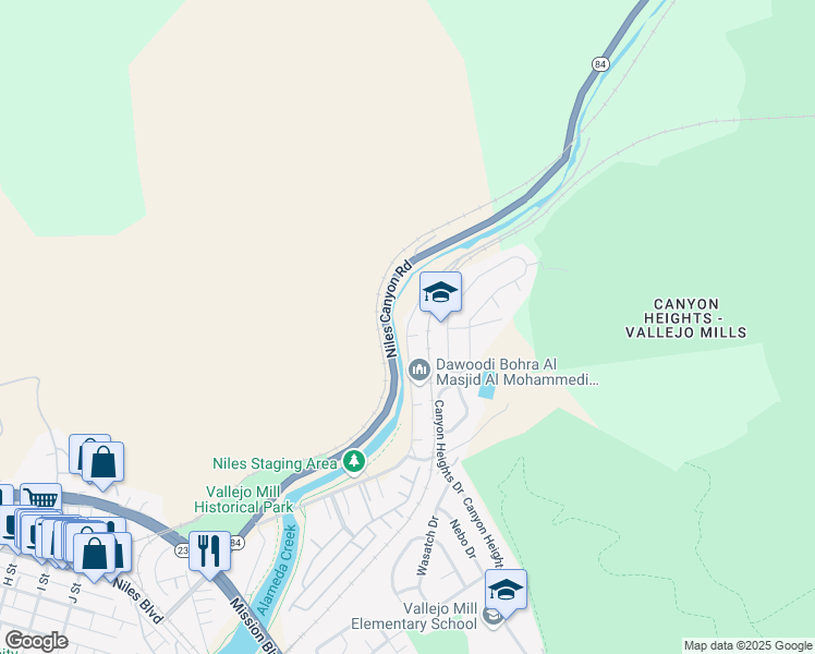 map of restaurants, bars, coffee shops, grocery stores, and more near 1318 Old Canyon Rd in Fremont