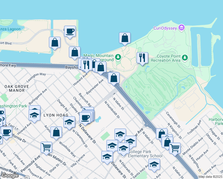 map of restaurants, bars, coffee shops, grocery stores, and more near 1111 Peninsula Avenue in San Mateo