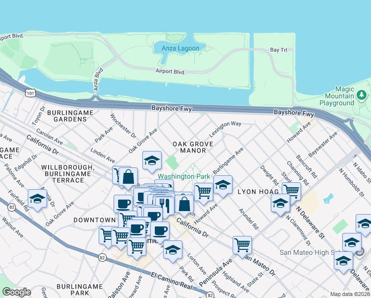 map of restaurants, bars, coffee shops, grocery stores, and more near 729 Plymouth Way in Burlingame
