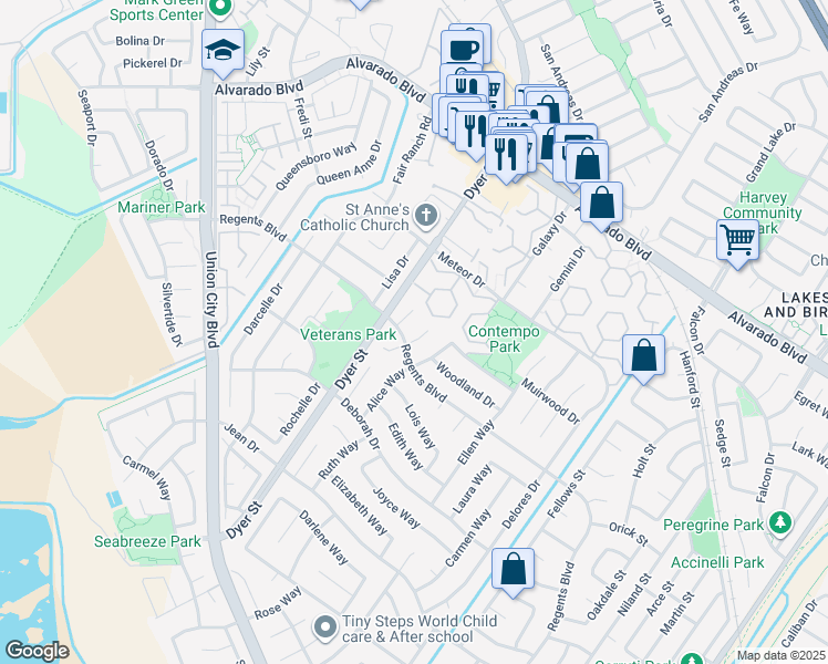 map of restaurants, bars, coffee shops, grocery stores, and more near 4415 Drywood Court in Union City