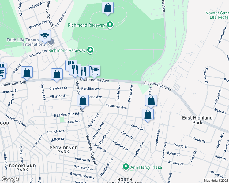 map of restaurants, bars, coffee shops, grocery stores, and more near 715 Ratcliffe Avenue in Richmond
