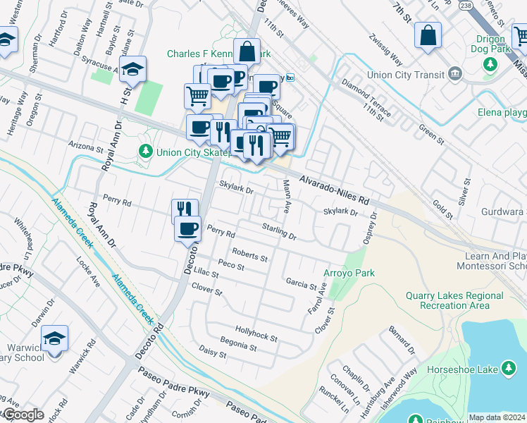 map of restaurants, bars, coffee shops, grocery stores, and more near 2263 Peacock Place in Union City