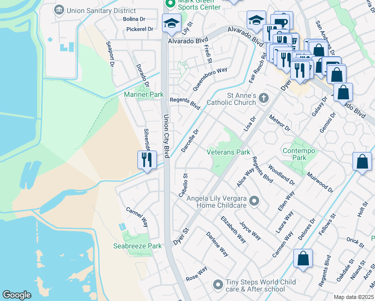 map of restaurants, bars, coffee shops, grocery stores, and more near 4556 Darcelle Drive in Union City