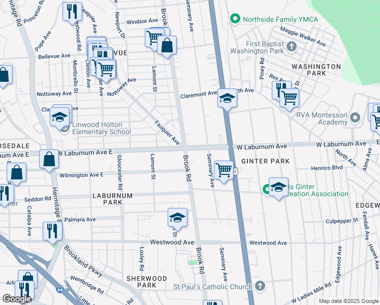 map of restaurants, bars, coffee shops, grocery stores, and more near 1105 West Laburnum Avenue in Richmond