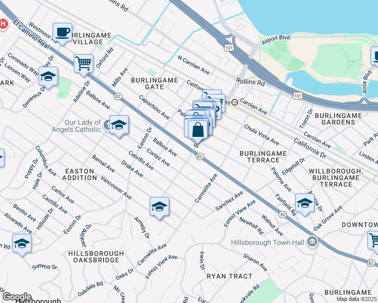 map of restaurants, bars, coffee shops, grocery stores, and more near 2 Burlingame Avenue in Burlingame