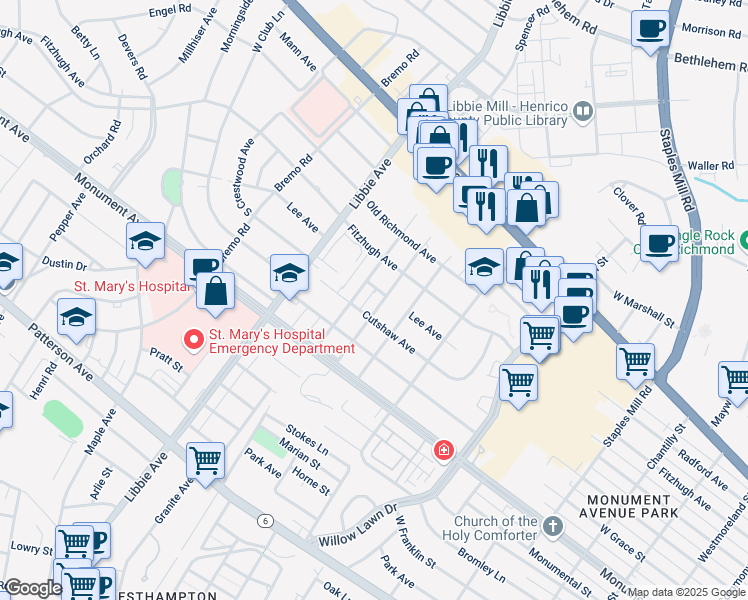 map of restaurants, bars, coffee shops, grocery stores, and more near 1204 Peachtree Boulevard in Richmond