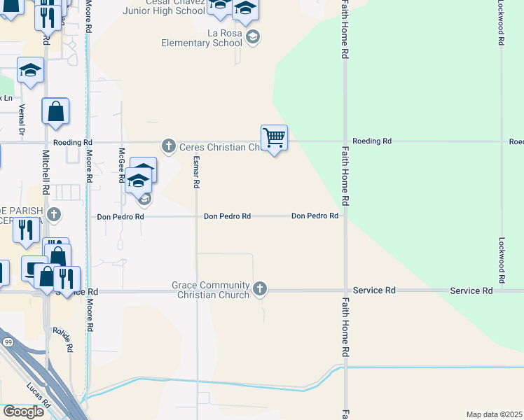 map of restaurants, bars, coffee shops, grocery stores, and more near 3755 Don Pedro Road in Ceres