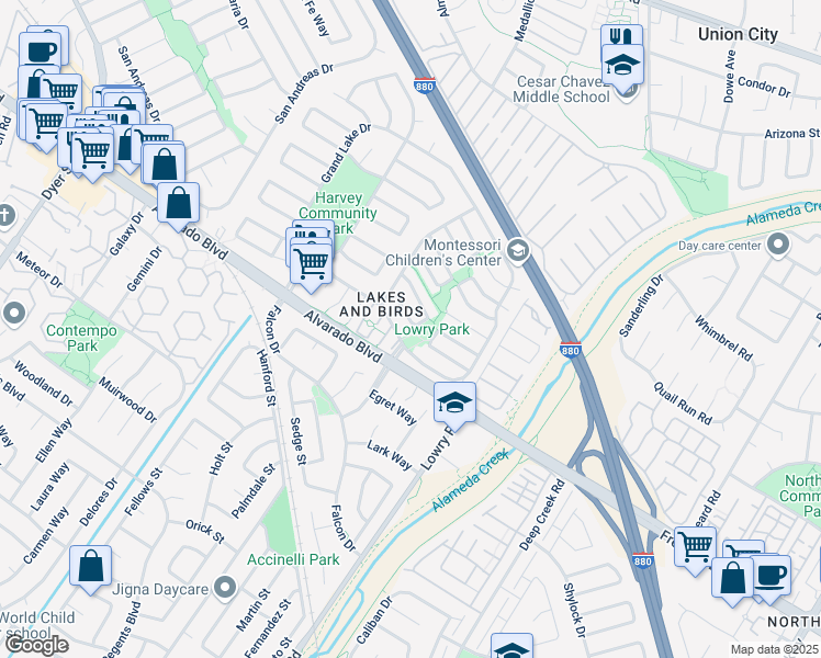 map of restaurants, bars, coffee shops, grocery stores, and more near 33087 Lake Michigan Street in Fremont
