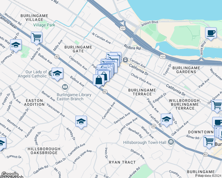 map of restaurants, bars, coffee shops, grocery stores, and more near 1140 California 82 in Burlingame