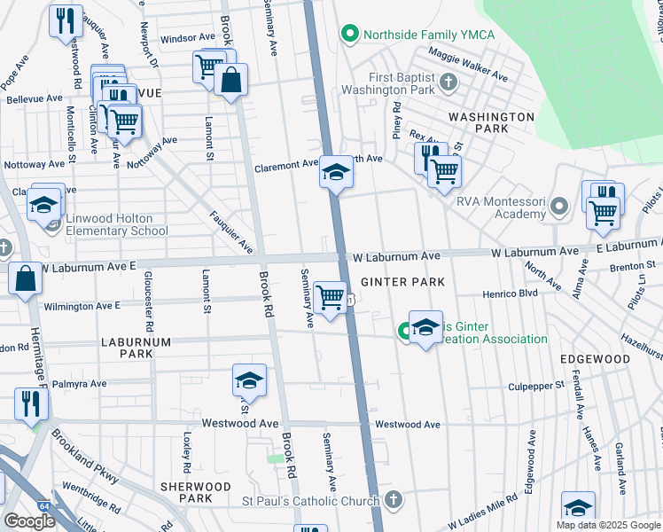 map of restaurants, bars, coffee shops, grocery stores, and more near 3616 Chamberlayne Avenue in Richmond