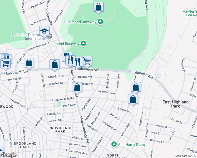 map of restaurants, bars, coffee shops, grocery stores, and more near 711 Ratcliffe Avenue in Richmond