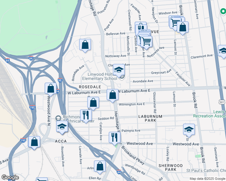 map of restaurants, bars, coffee shops, grocery stores, and more near Hermitage Rd & W Laburnum Ave in Richmond