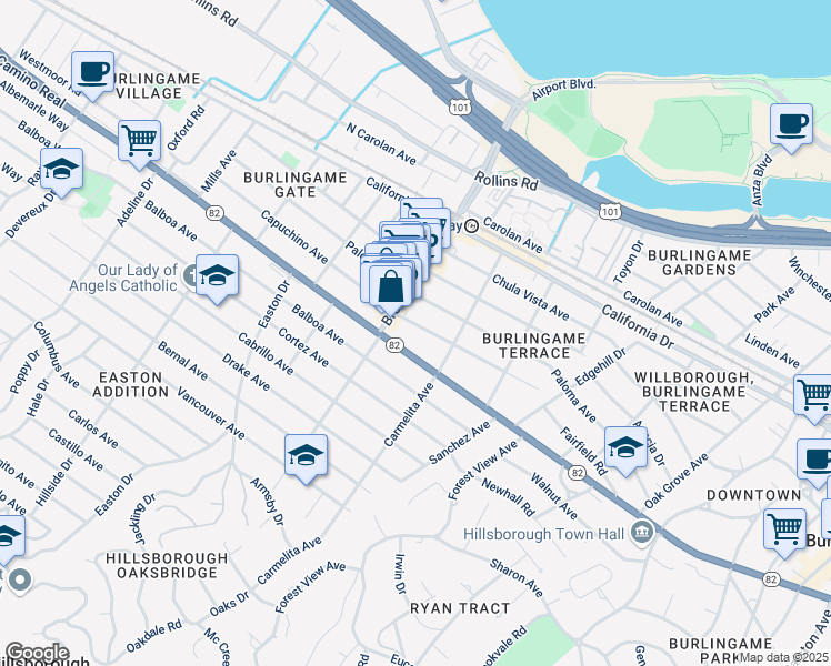 map of restaurants, bars, coffee shops, grocery stores, and more near 1140 California 82 in Burlingame