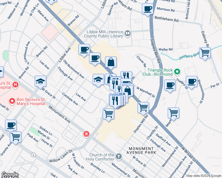 map of restaurants, bars, coffee shops, grocery stores, and more near 5206 Markel Road in Richmond