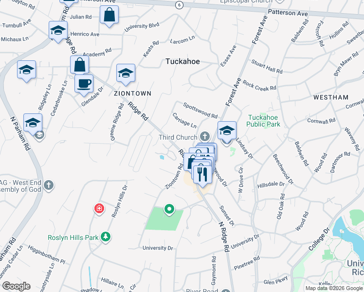 map of restaurants, bars, coffee shops, grocery stores, and more near 8106 Ridge Road in Richmond