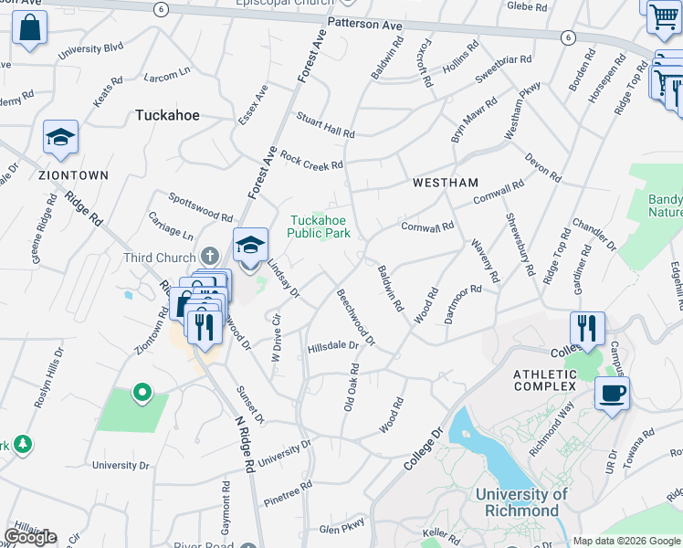 map of restaurants, bars, coffee shops, grocery stores, and more near 600 Westham Parkway in Richmond