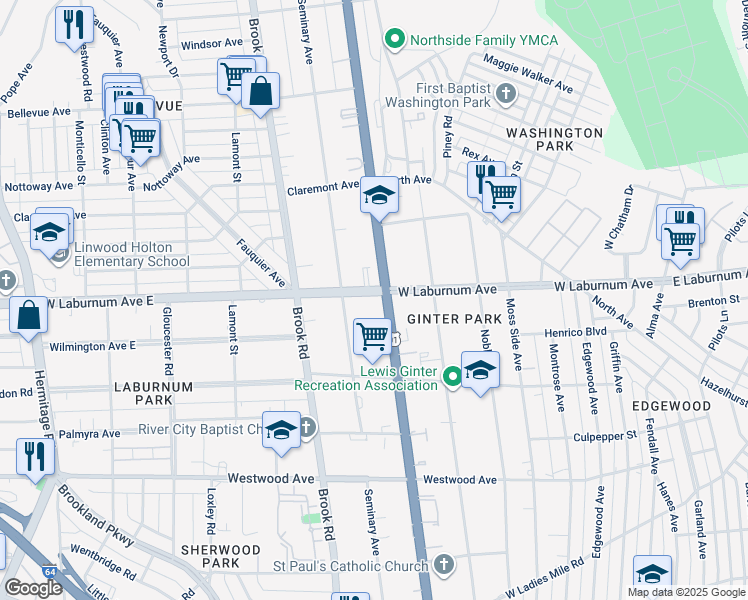 map of restaurants, bars, coffee shops, grocery stores, and more near 3616 Chamberlayne Avenue in Richmond