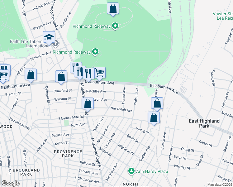 map of restaurants, bars, coffee shops, grocery stores, and more near 711 Ratcliffe Avenue in Richmond