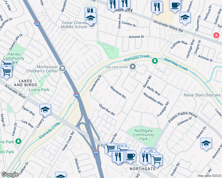 map of restaurants, bars, coffee shops, grocery stores, and more near 3326 Kestrel Place in Fremont