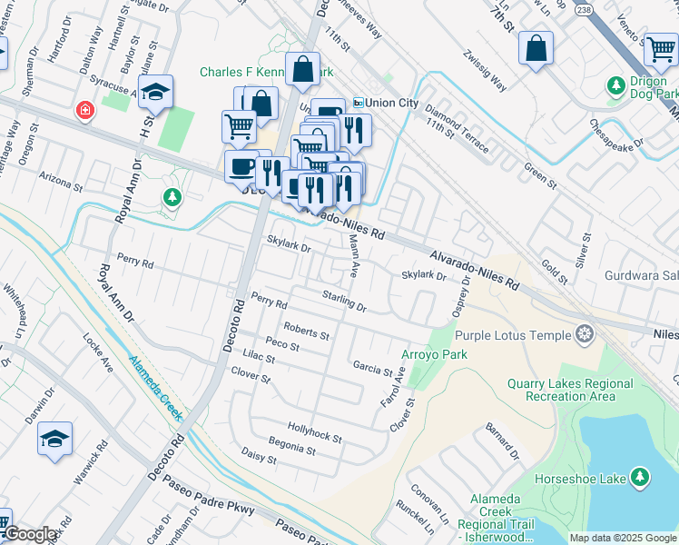 map of restaurants, bars, coffee shops, grocery stores, and more near 2224 Peacock Place in Union City