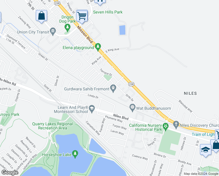 map of restaurants, bars, coffee shops, grocery stores, and more near 318 Springstone Drive in Fremont