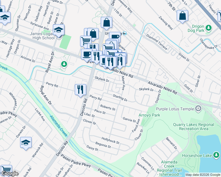 map of restaurants, bars, coffee shops, grocery stores, and more near 2263 Peacock Place in Union City