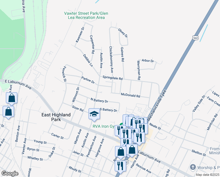 map of restaurants, bars, coffee shops, grocery stores, and more near 1915 Parlow Drive in Richmond