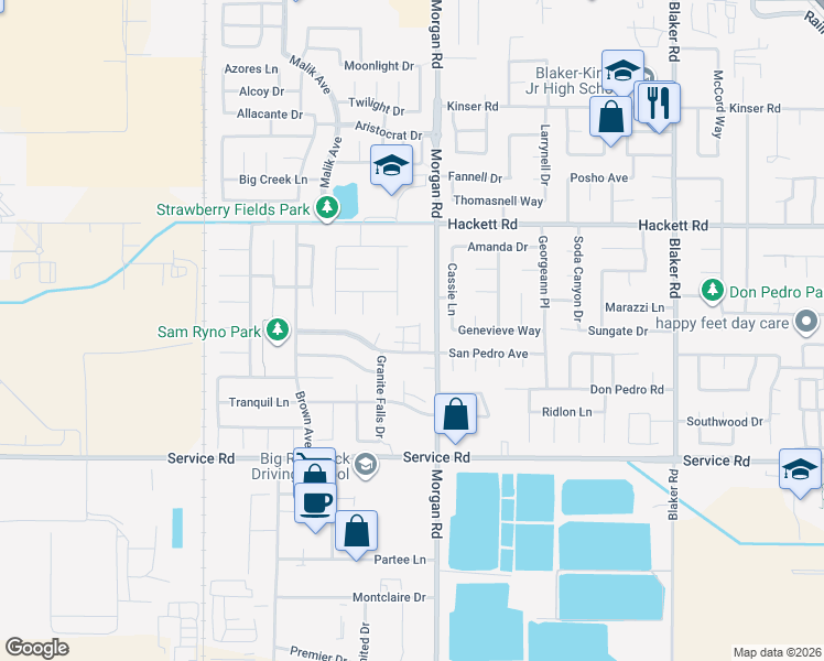 map of restaurants, bars, coffee shops, grocery stores, and more near 3725 San Juan Road in Ceres