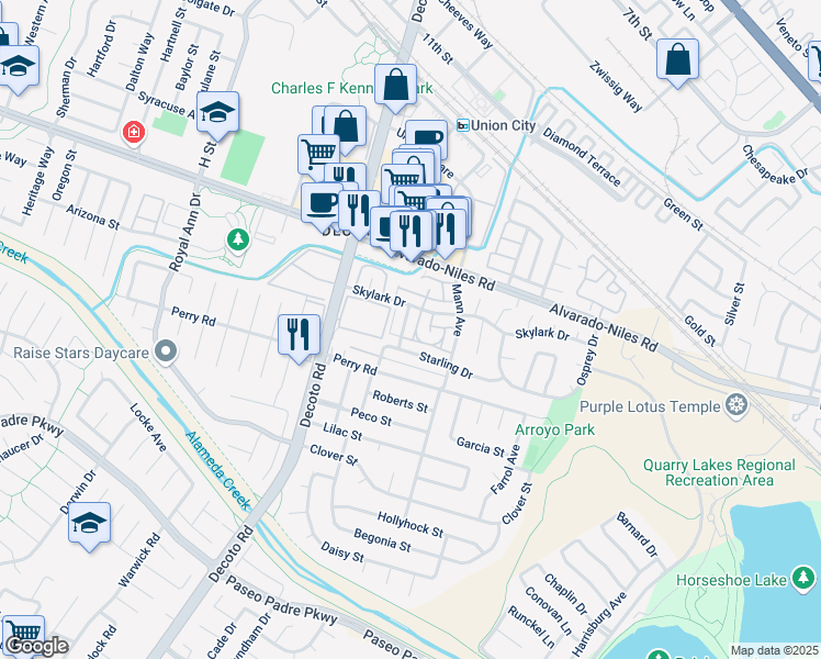 map of restaurants, bars, coffee shops, grocery stores, and more near 2263 Peacock Place in Union City