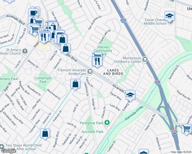 map of restaurants, bars, coffee shops, grocery stores, and more near 32865 Bluebird Loop in Fremont