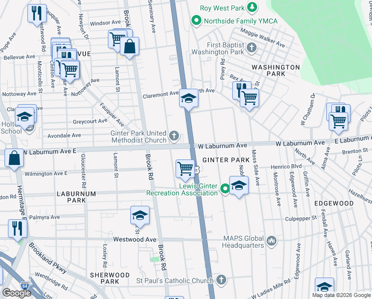 map of restaurants, bars, coffee shops, grocery stores, and more near 3616 Chamberlayne Avenue in Richmond